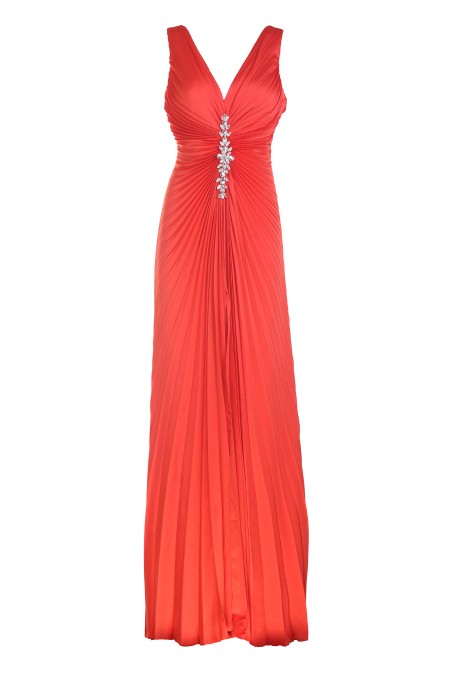 Shop FOREVER UNIQUE  Dress: Forever Unique long evening dress.
Front jewel.
Snug fit.
Sleeveless.
Back zip closure.
Composition: 100% polyester.
Made in Turkey.. LOTTIE 8444-ORANGE